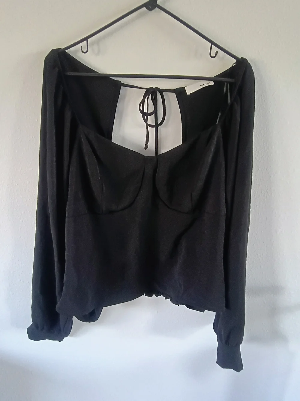 Heatherly Black Puff Sleeve Corset Style Satin Look Cottagecore Blouse Top